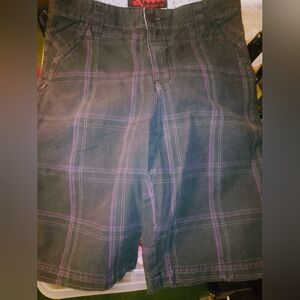 Hawk Youth Charcoal Grey and Purple Checkered  Skater Shorts Size 14 Youth Boys